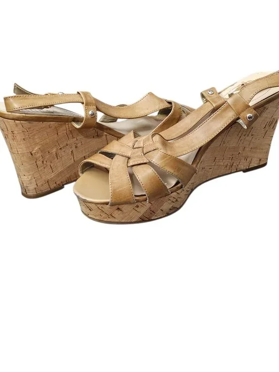 Guess Strappy Kayce Cork Wedge Platform Heel Slingback Sandals Tan Size 11 - Picture 5 of 12
